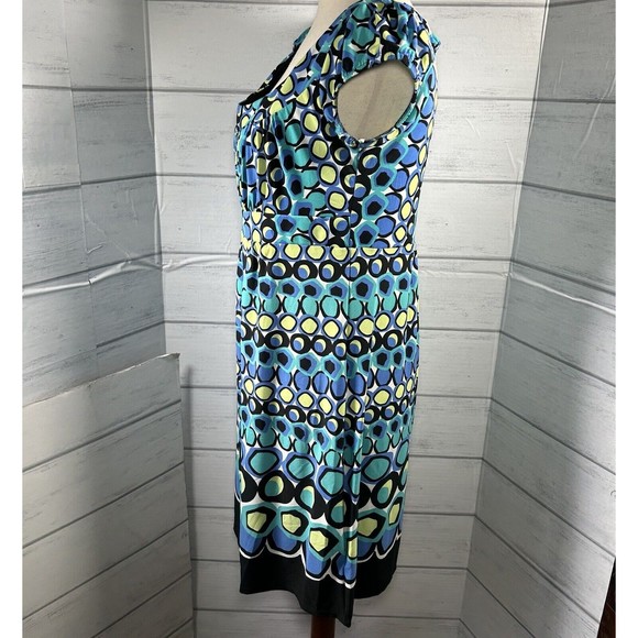 AGB Shift Dress Short Sleeve Lined Geometrical Circle Blue Yellow Size 12 Petite - Picture 4 of 12